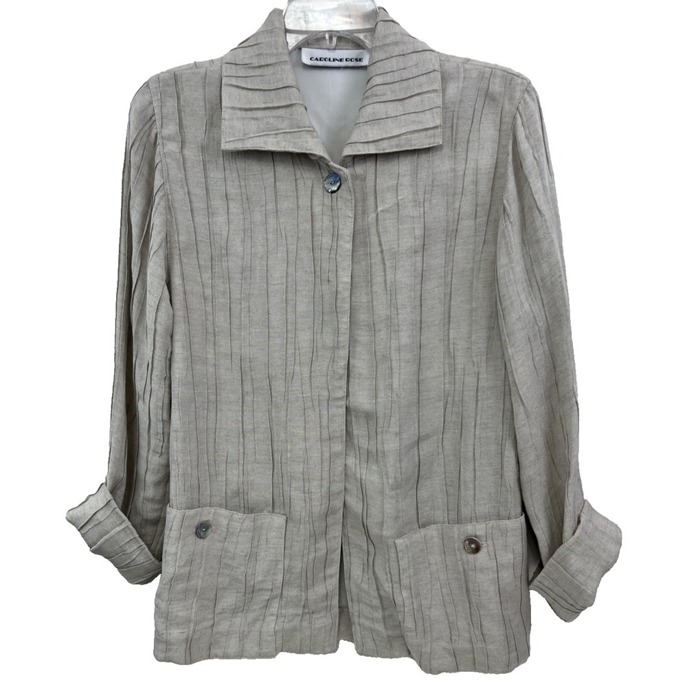 Caroline Rose Jacket Size S Linen Blend Beige Tan Pockets Vintage Designer USA